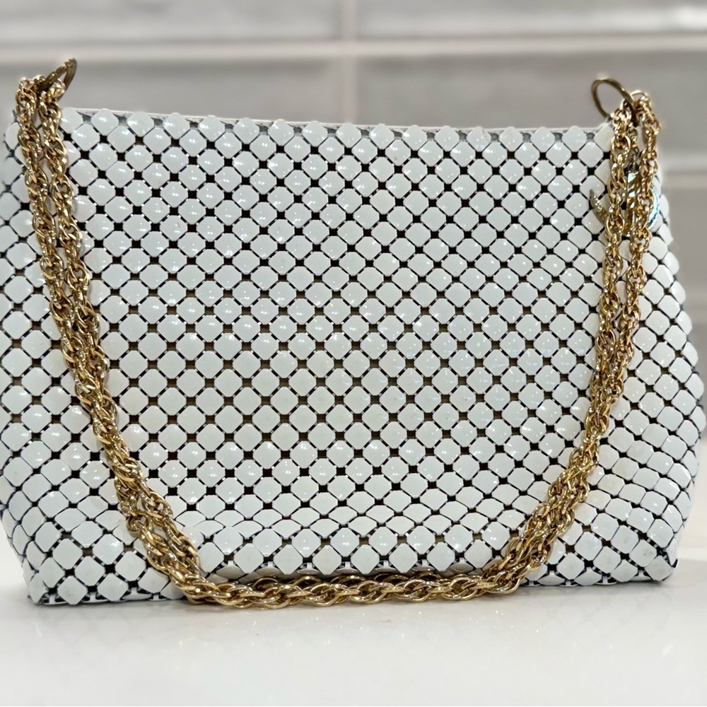 Whiting & Davis Vintage White Mesh Gold Tone Chain Strap Clutch Shoulder Bag